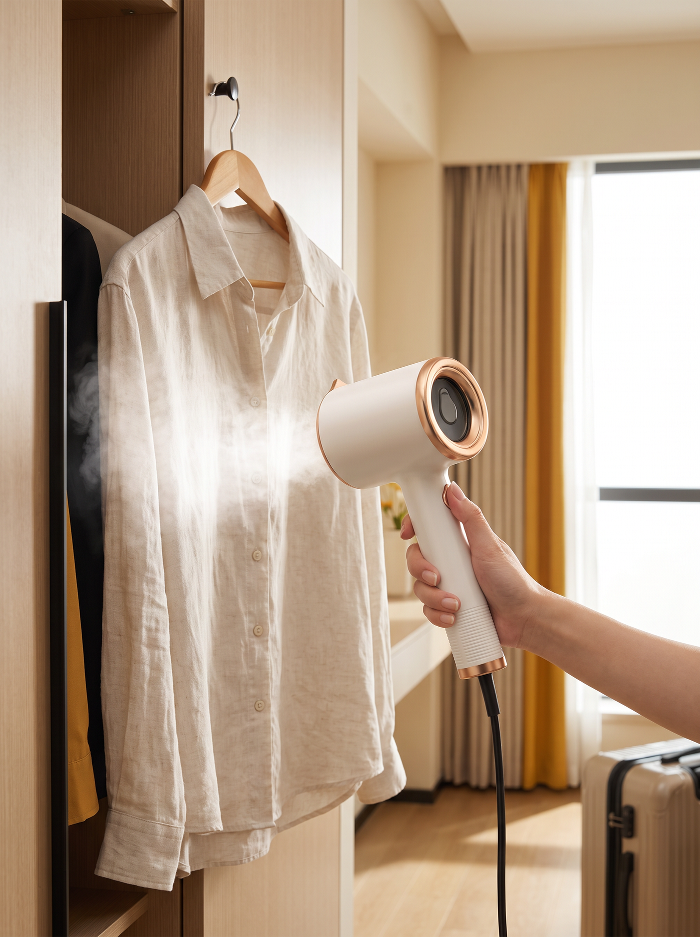 Handheld garment steamer in a hotel room