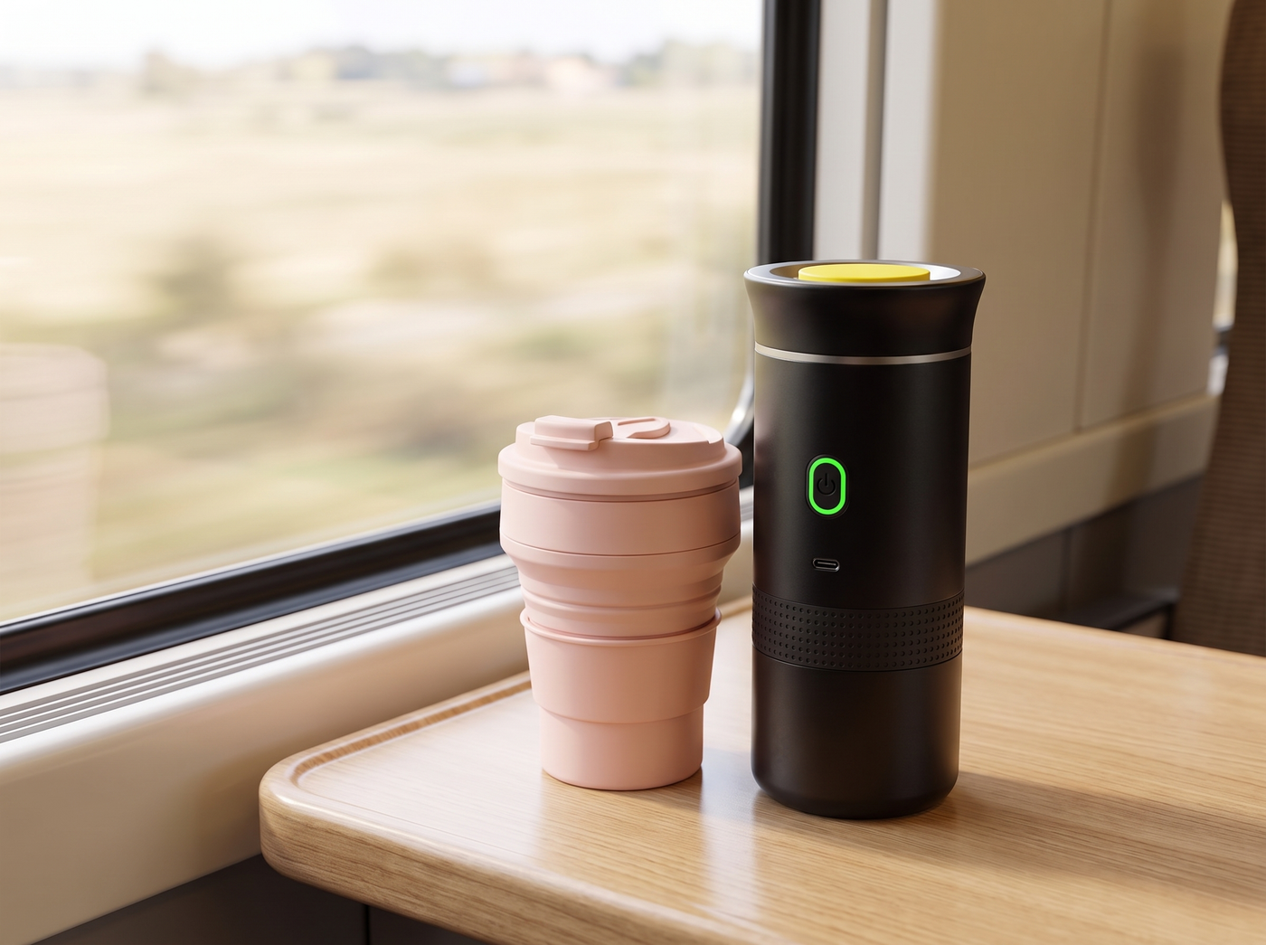 Espresso maker and folding cup on a train tray table