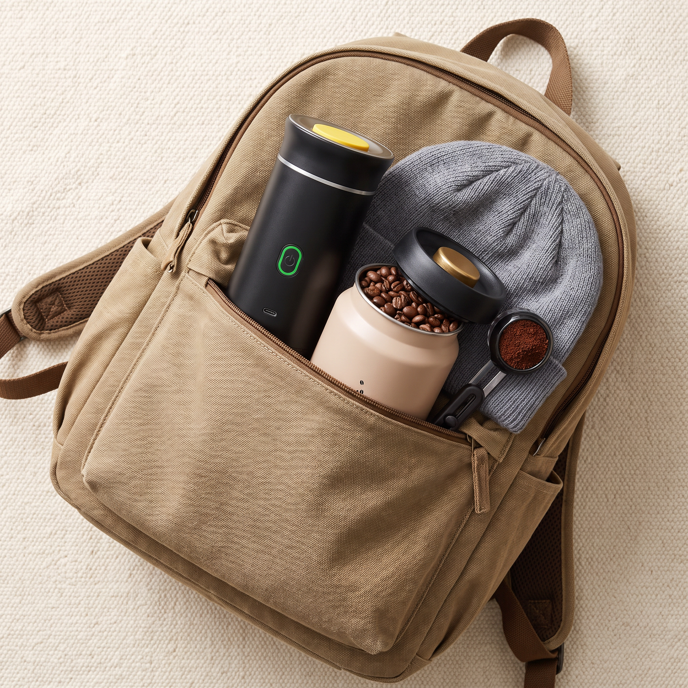 Espresso maker, canister and scoop packed in a backpack